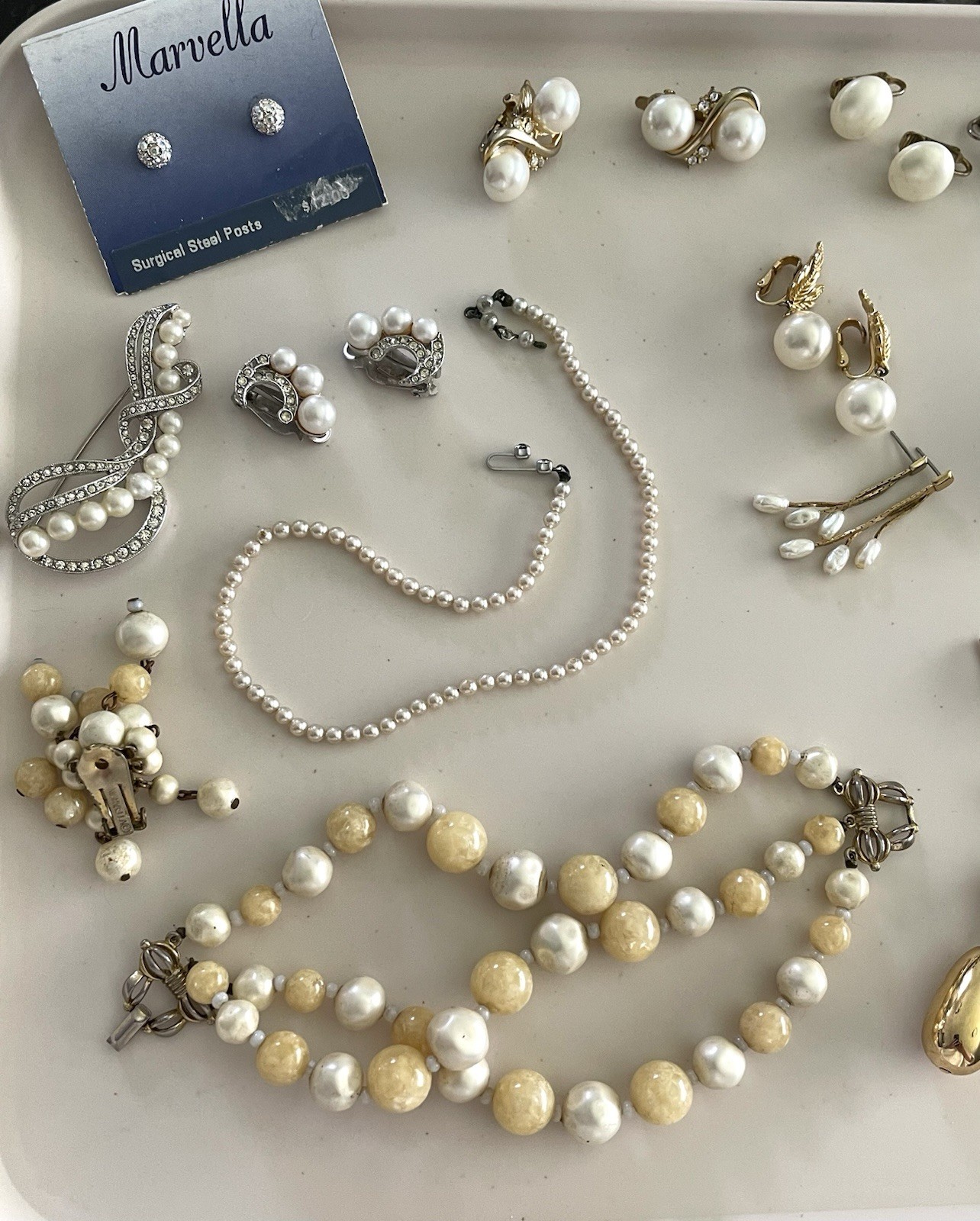 VINTAGE Marvella Jewelry LOT Faux Pearls Necklace, Earrings Rhinestone brooch