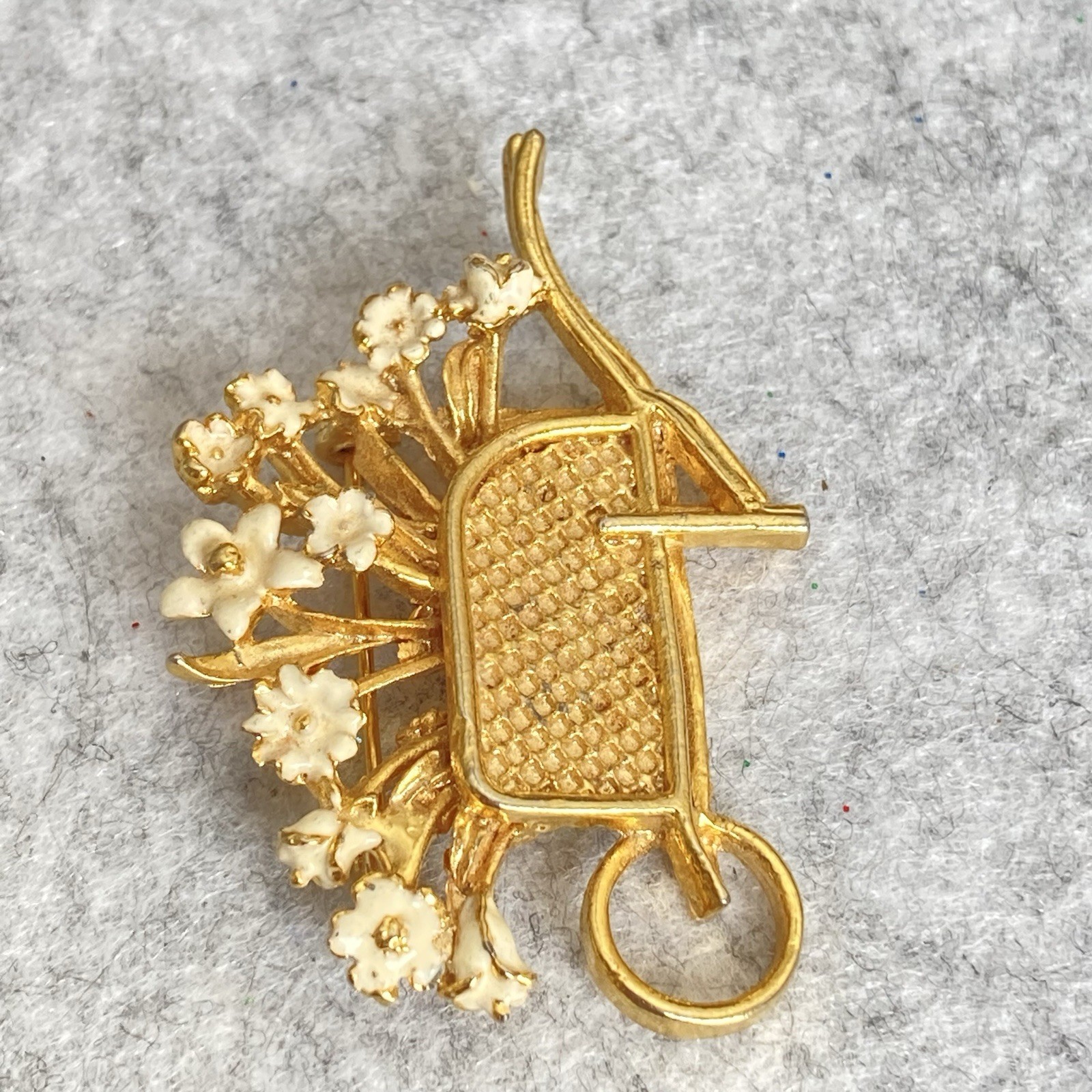 VTG Flower Basket & Wheelbarrow Brooch Lot of 2 Faux Pearls Enamel 1928 Brand