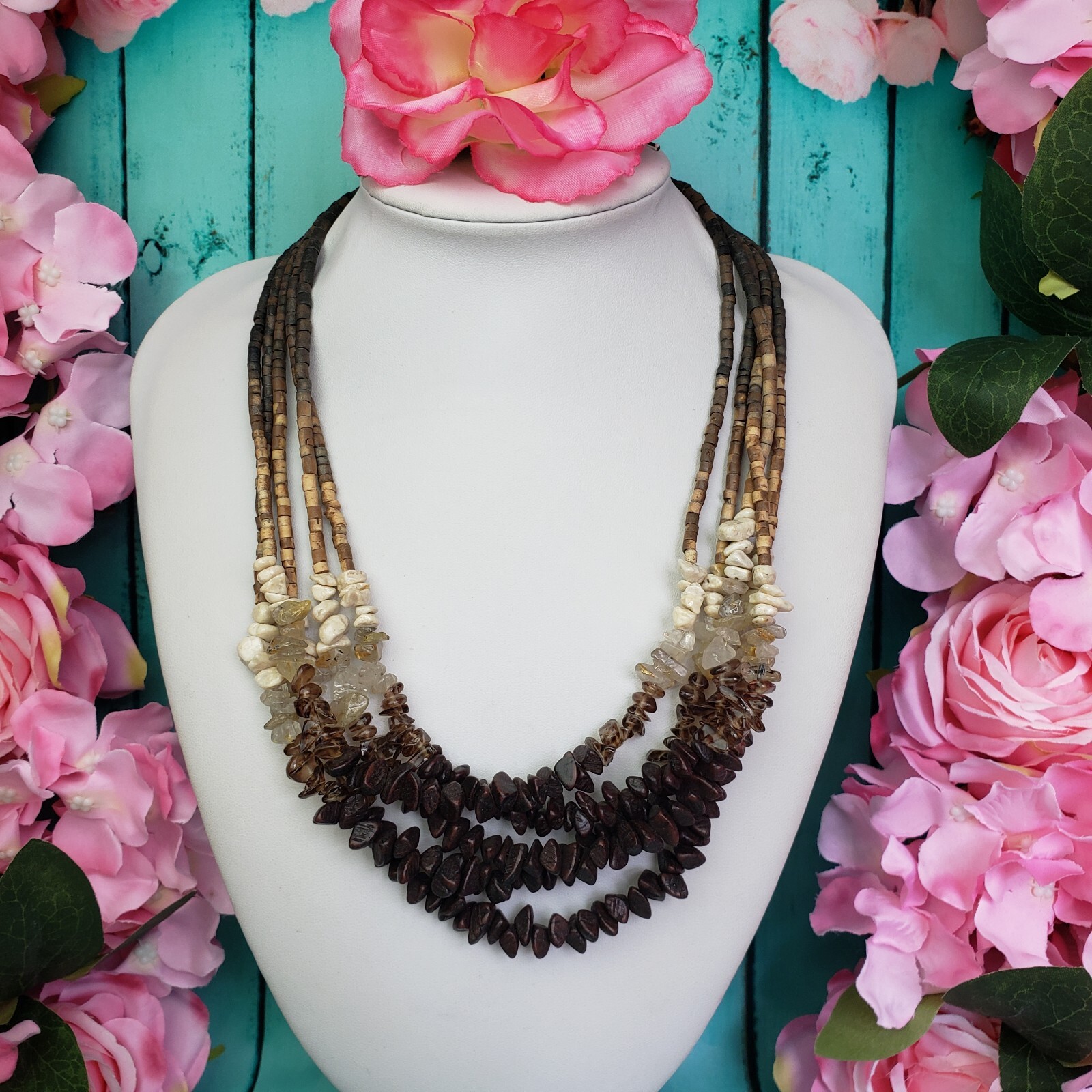 COLDWATER CREEK Quartz Stone & Wood Beaded Multi Strand Necklace Brown Boho