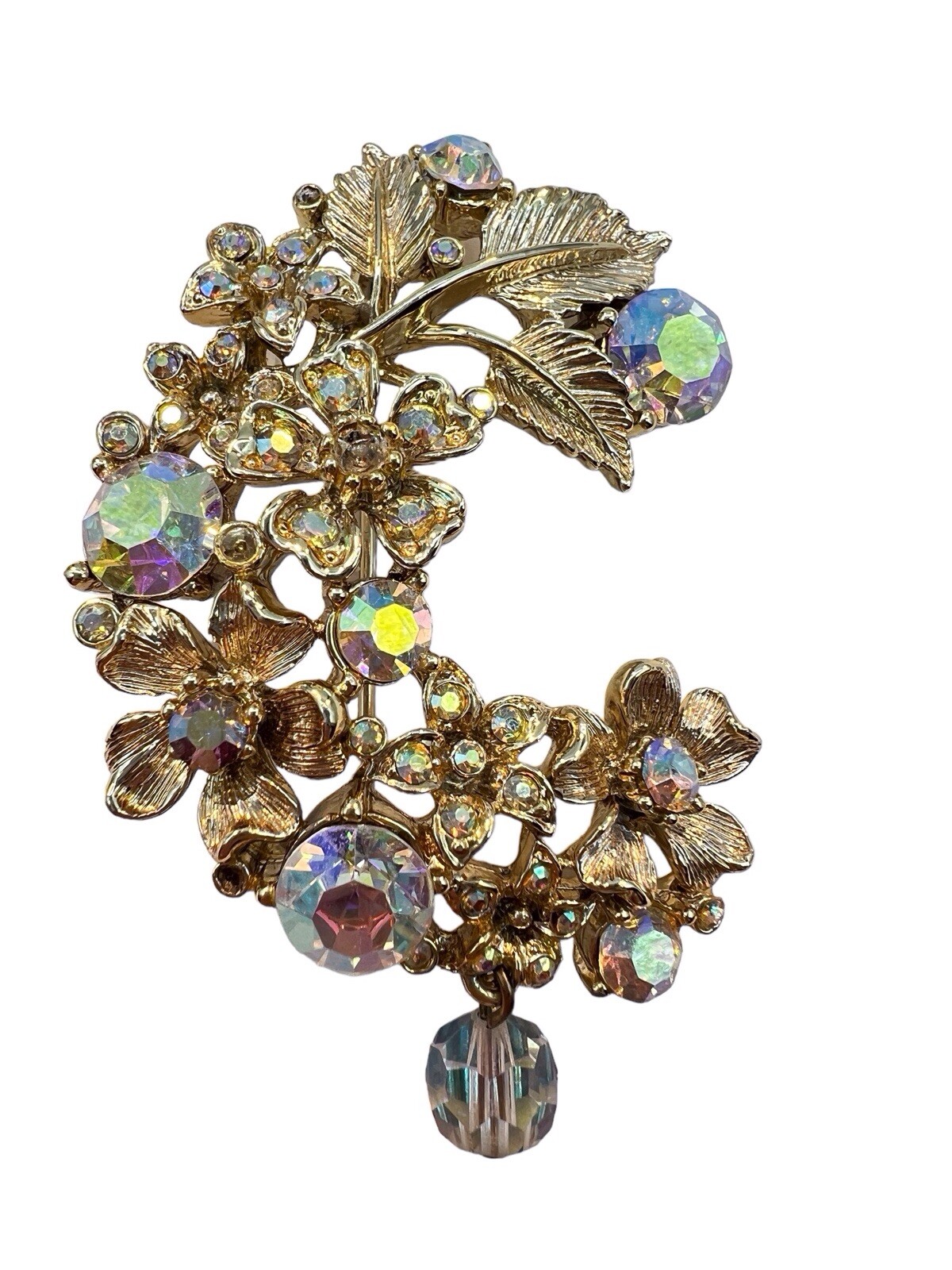 Crescent AB Rhinestone Brooch Floral Swag Dangle Bead Gold Tone Mid Cent READ B3