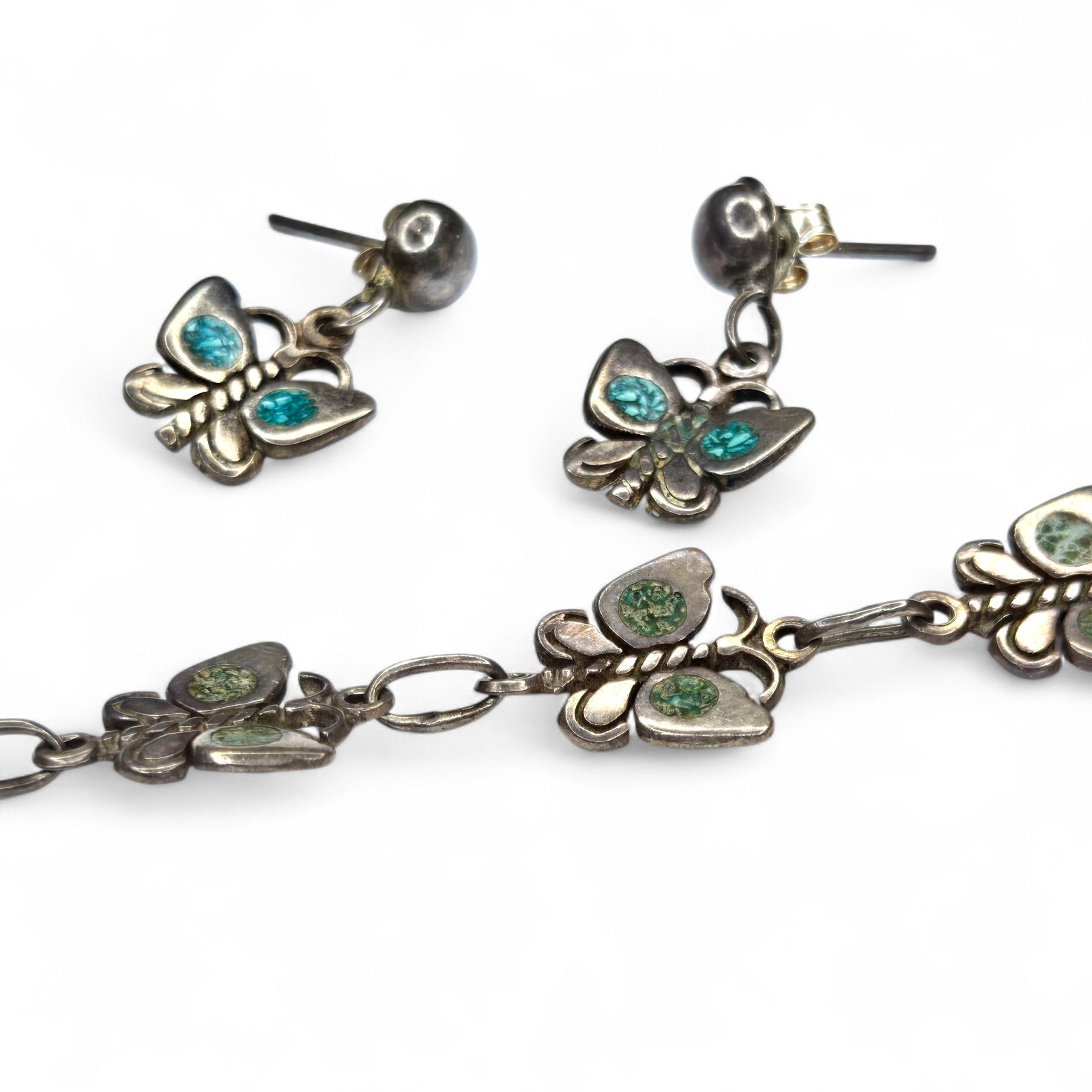 Vintage Mexico Sterling Silver Turquoise Chip Inlay Butterfly Bracelet Earrings