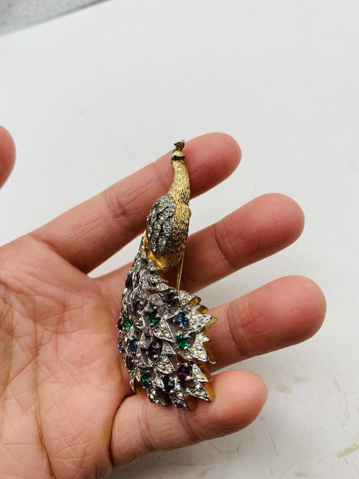 Vintage Signed Panetta Peacock Bird Crystal Gold Tone Blue Purple Green Brooch