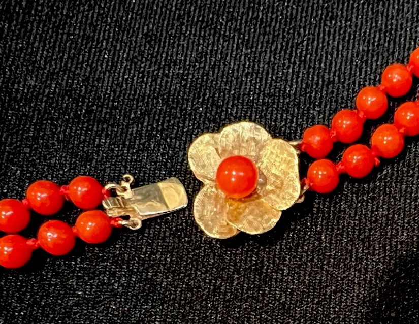 Red Coral Ox Blood Round Pearl Beads Necklace 14K Gold Clasp 2-Strands 26” 44.9g