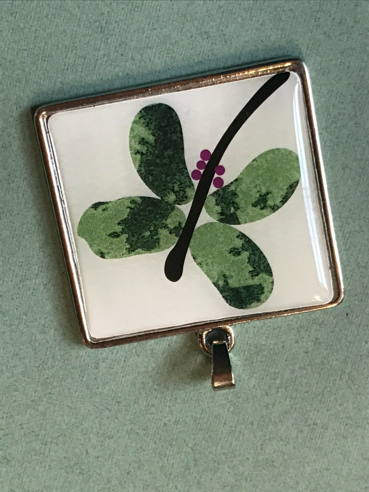 Estate Large White Square w Green & Purple Dragonfly Silvertone Pendant – 1.5 x