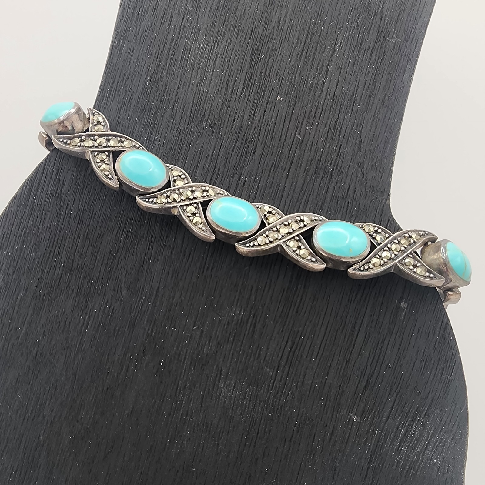 VTG FAS 925 Sterling Silver Marcasite Turquoise XO Link Bracelet 7.25in GUC