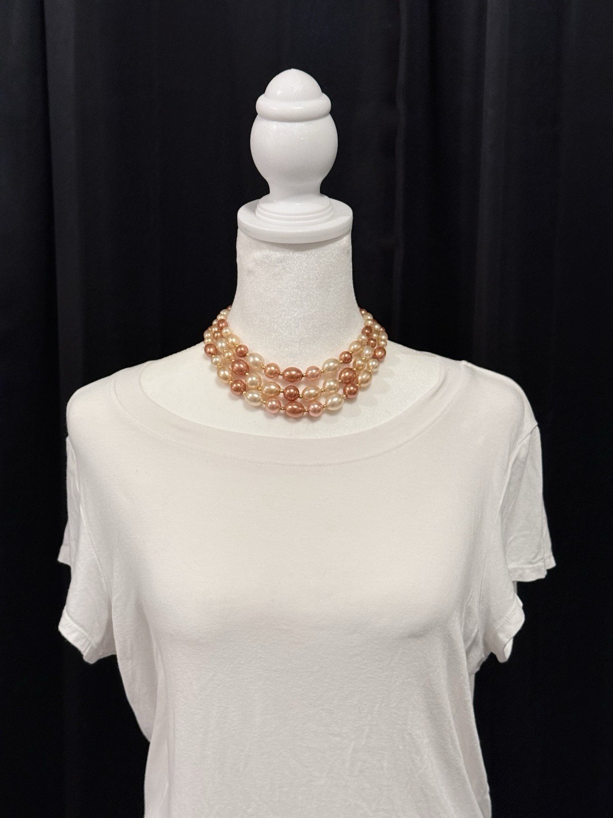Vintage Triple Strand Made In Hong Kong Peach Cream Beaded Necklace