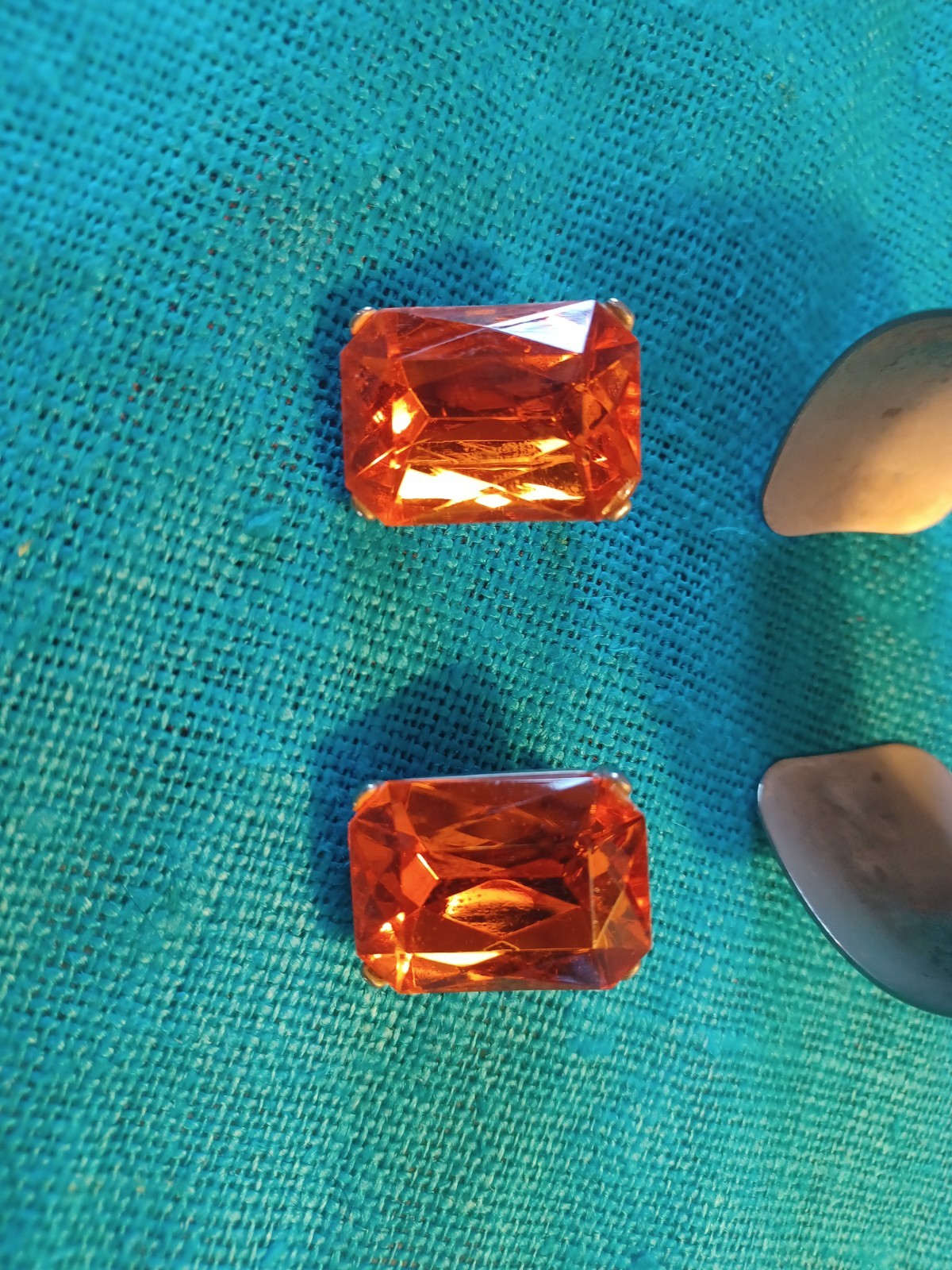VTG Modernist Silver-Tone Cuff Bracelet & Earrings Set Orange Gemstone Clip-Ons