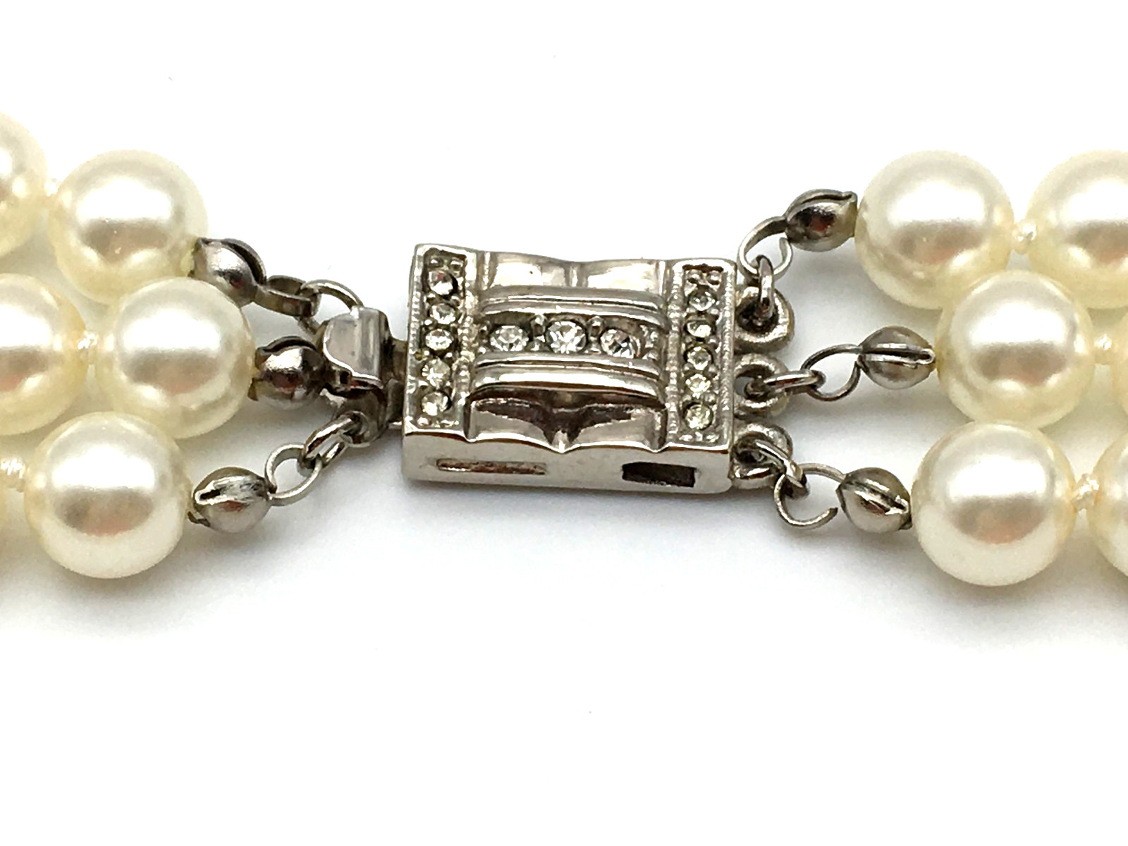 Vintage Cream Color Glass Pearls 3 Strand Hand Knot 15″ Necklace Pave Push Clasp