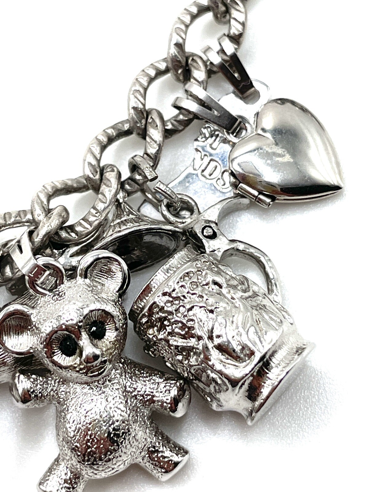 Monet Sterling Silver Articulated Figural Crystal Charm Bracelet 61.5g Vintage