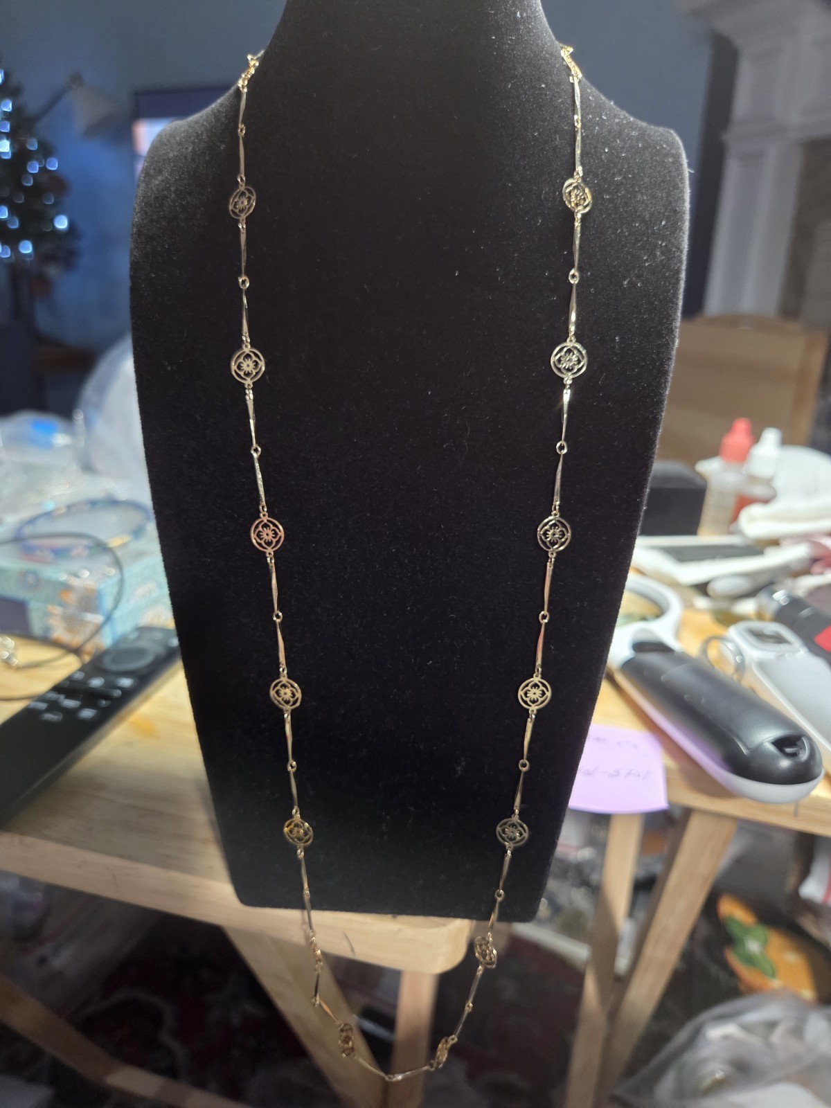 Gold Tone Floral Station Necklace 26″ Twisted Bar Link Delicate Openwork