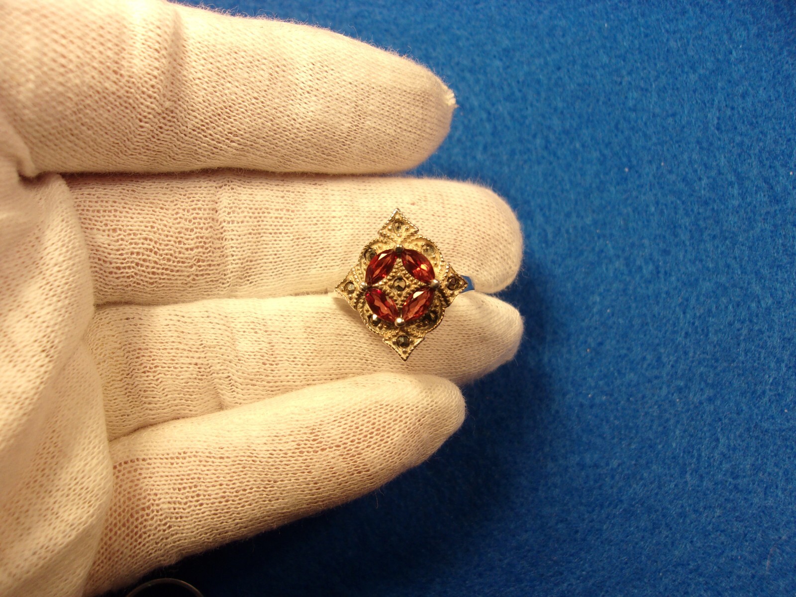 #3 of 6, SUPERB OLDER VTG LADY’S STERLING SLVER, ORANGE GARNET & MARCASITE RING