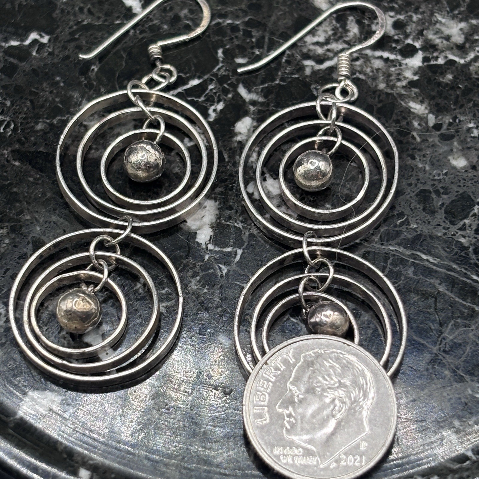 Two-Tiered 3 Concentric Circle’s 925 Silver Earrings Center Bead “Navajo Pearl”