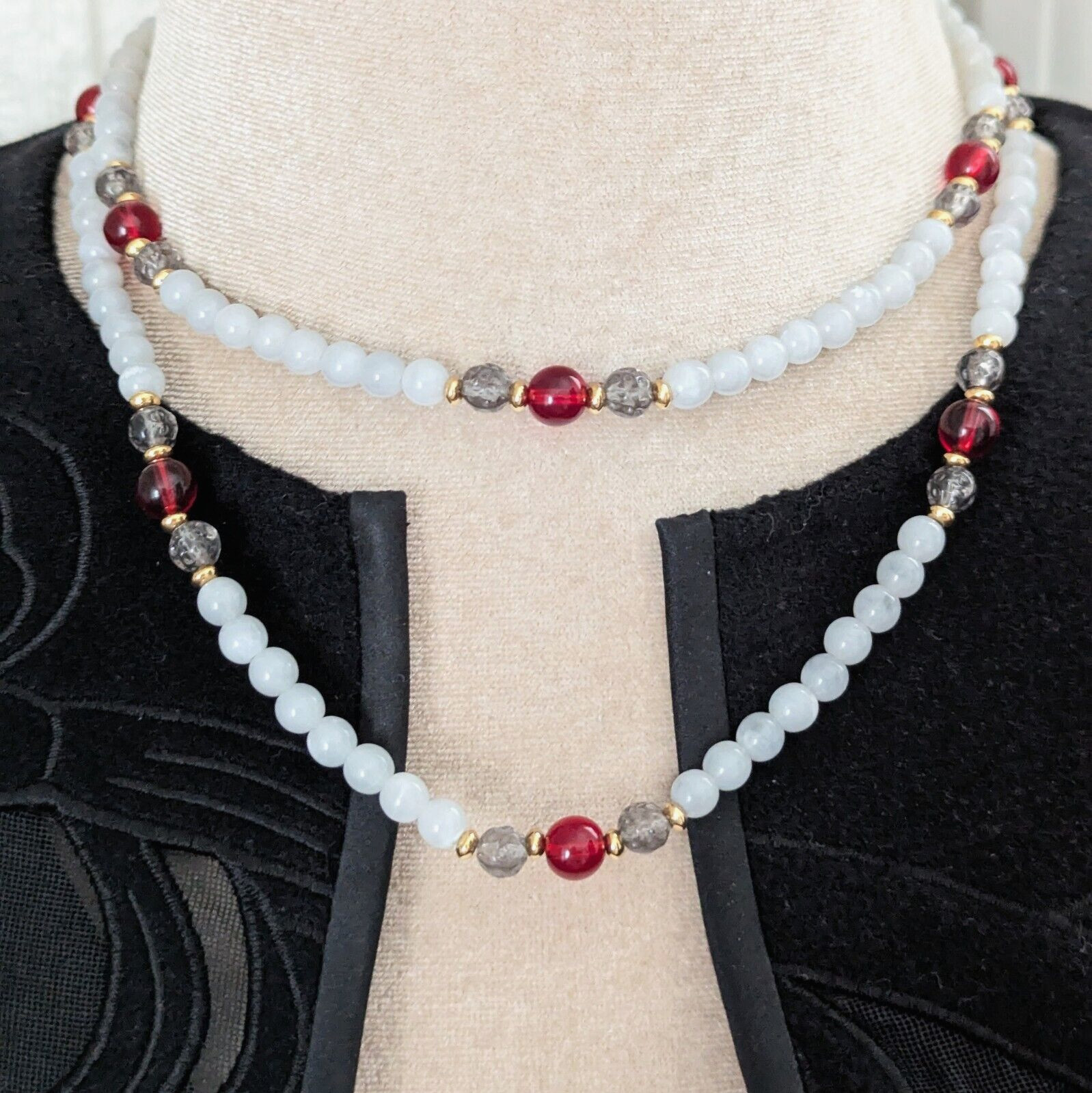 Monet Red White Beaded Rope Necklace Signed Vintage Jewelry 34”