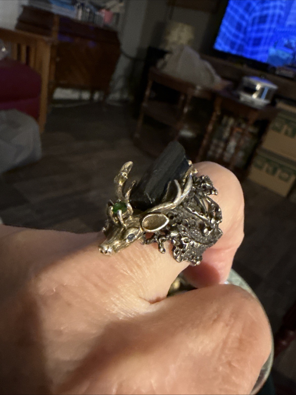 Vintage Reindeer Ring Sterling With A Black Beryl Stone And A Green Stone Size 8