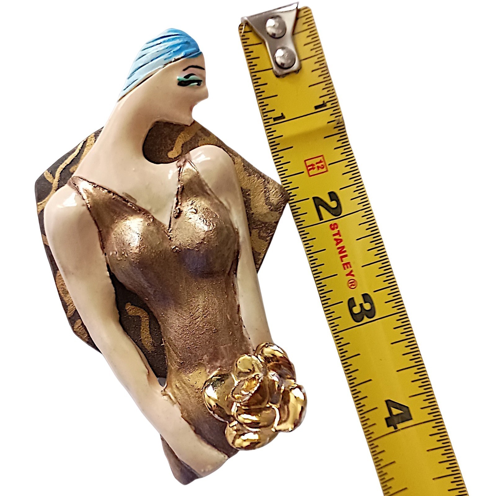 Vtg Art Deco Lady Brooch Pin Avant Garde Artisan Signed Painted Art Nouveau