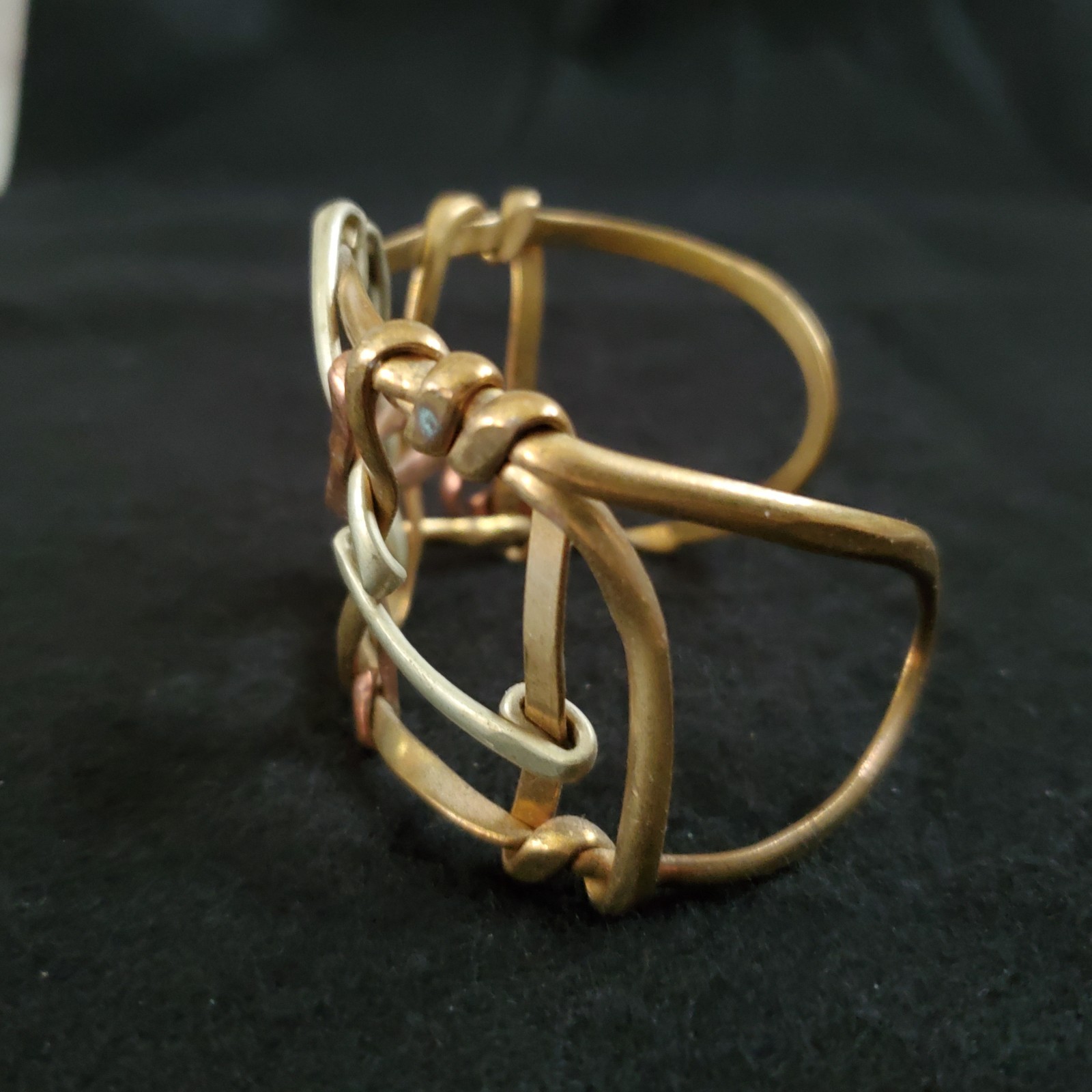 Vintage Artisan Cuff Bracelet Brutalist Mixed Metals Gold Tone Weave 1.75″