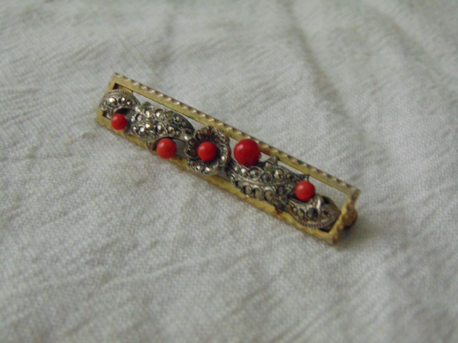 antique Victorian genuine Coral beads Marcasites sparkling rectangular brooch