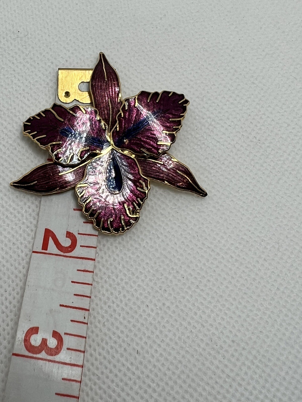 Large Gold Tone & Purple Enamel Orchid Brooch Pin STATEMENT PIECE signed M jewel