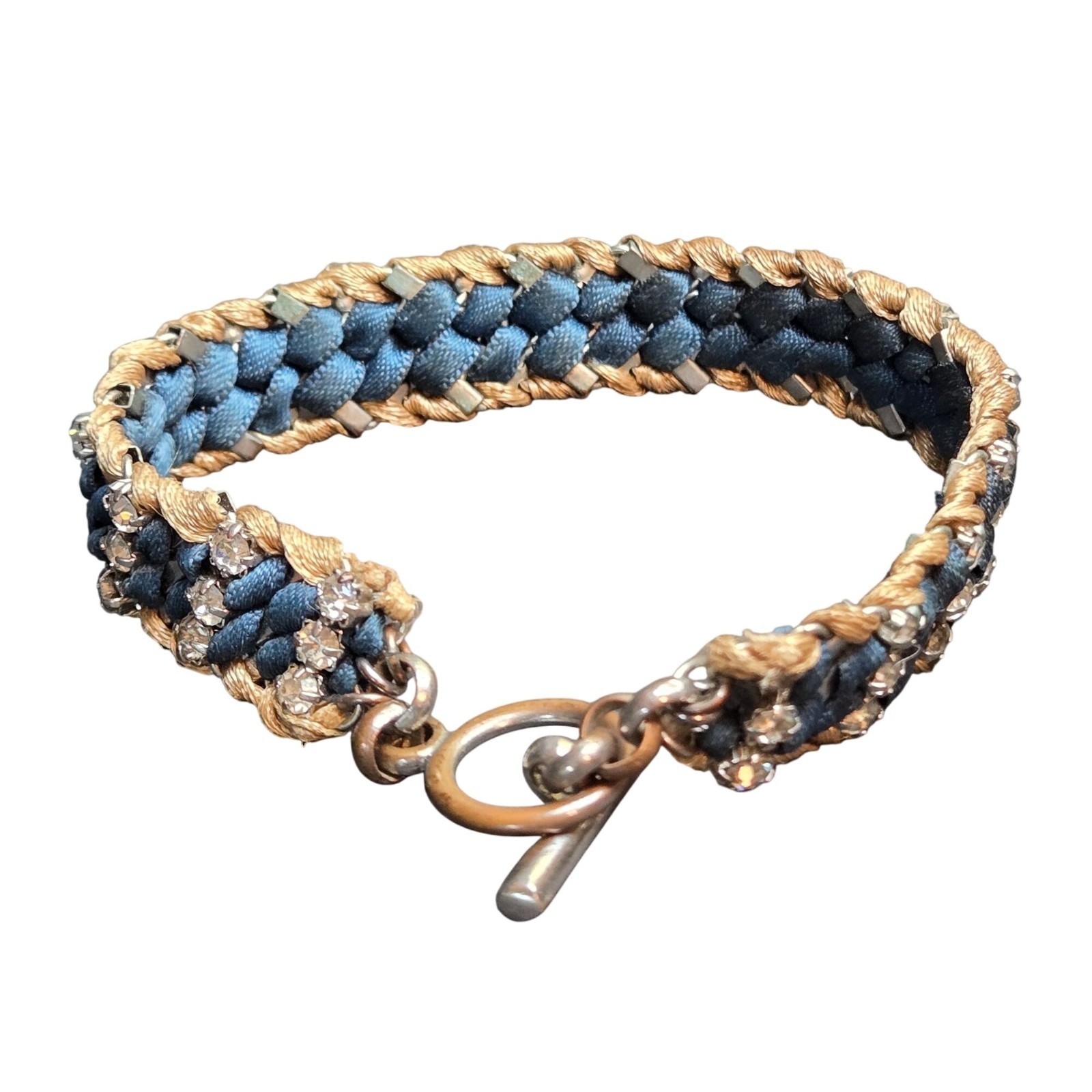 Vintage Woven Blue & Gold Adjustable Bracelet Rhinestone Accents Toggle Closure