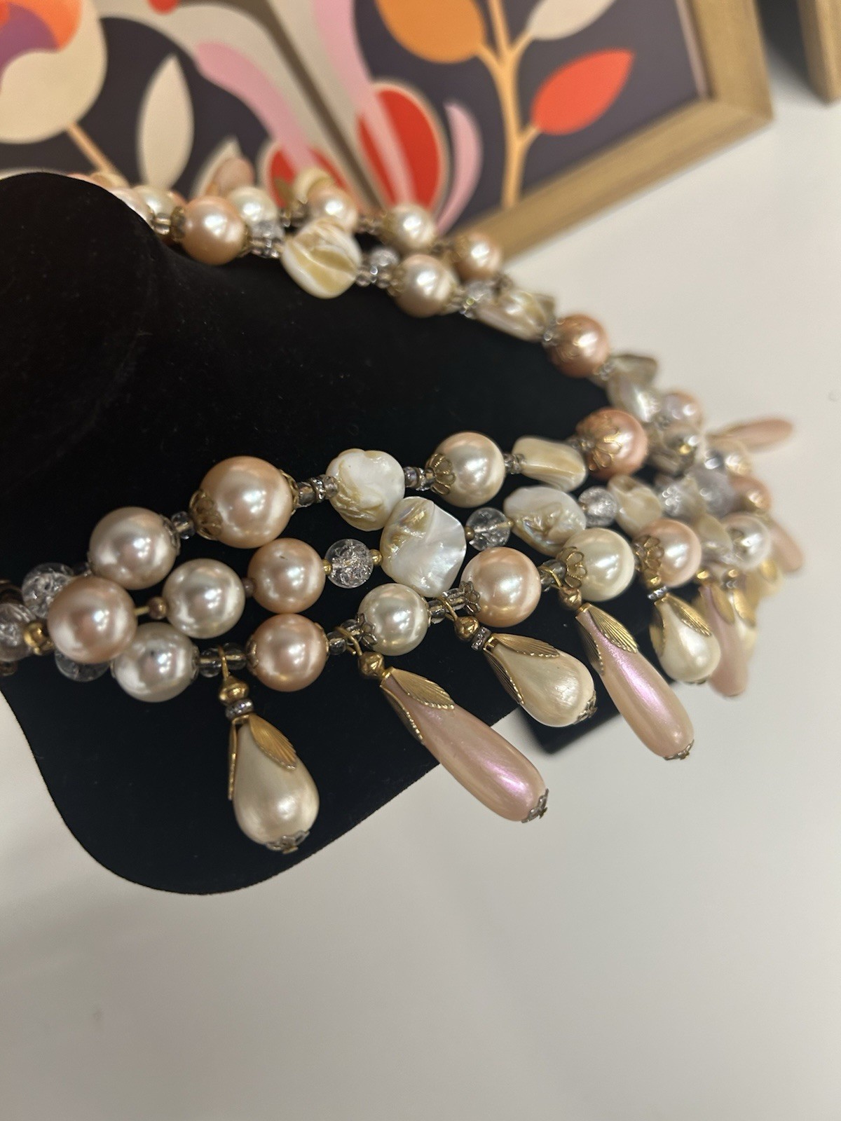 Early Miriam Haskell Large Multi strand Faux Pearl Drop Necklace. So Stunning