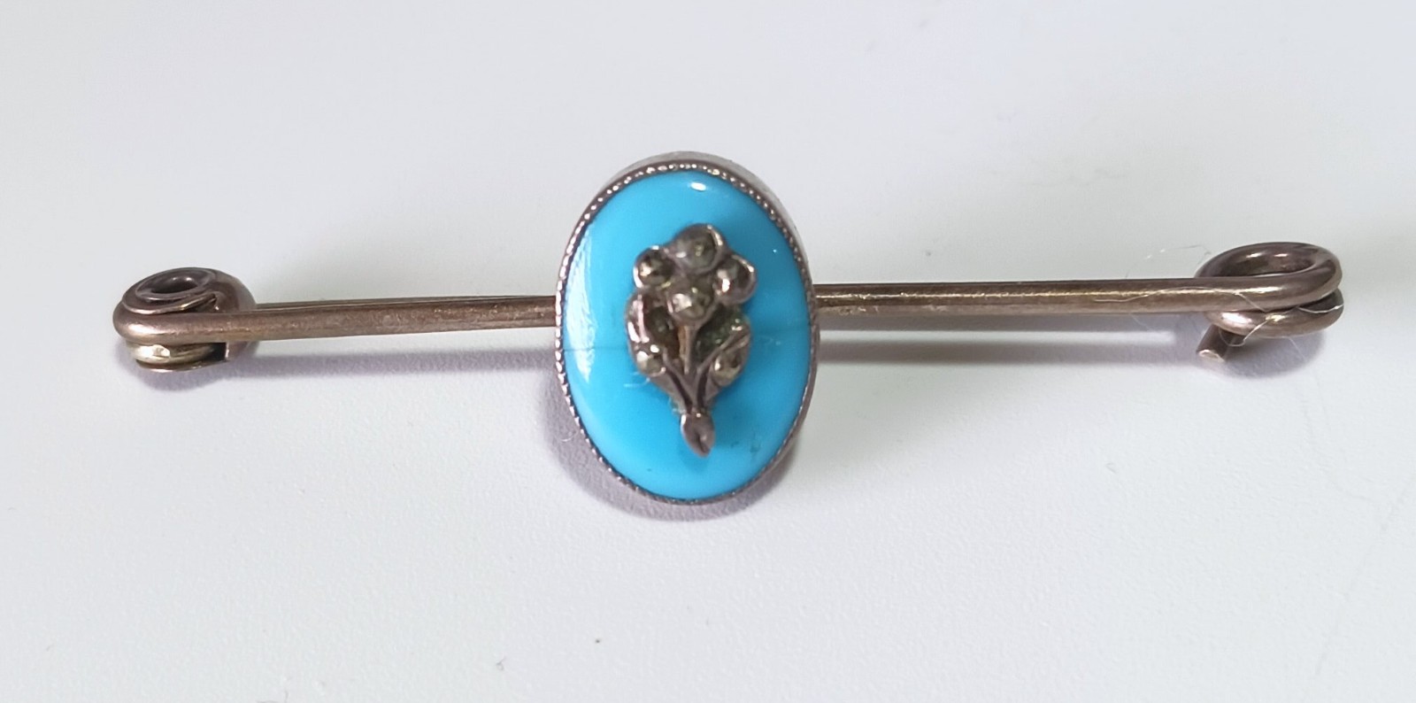 Hallmarked Antique Bar Pin: Turquoise Oval Stone w Marcasite Flower Bouquet