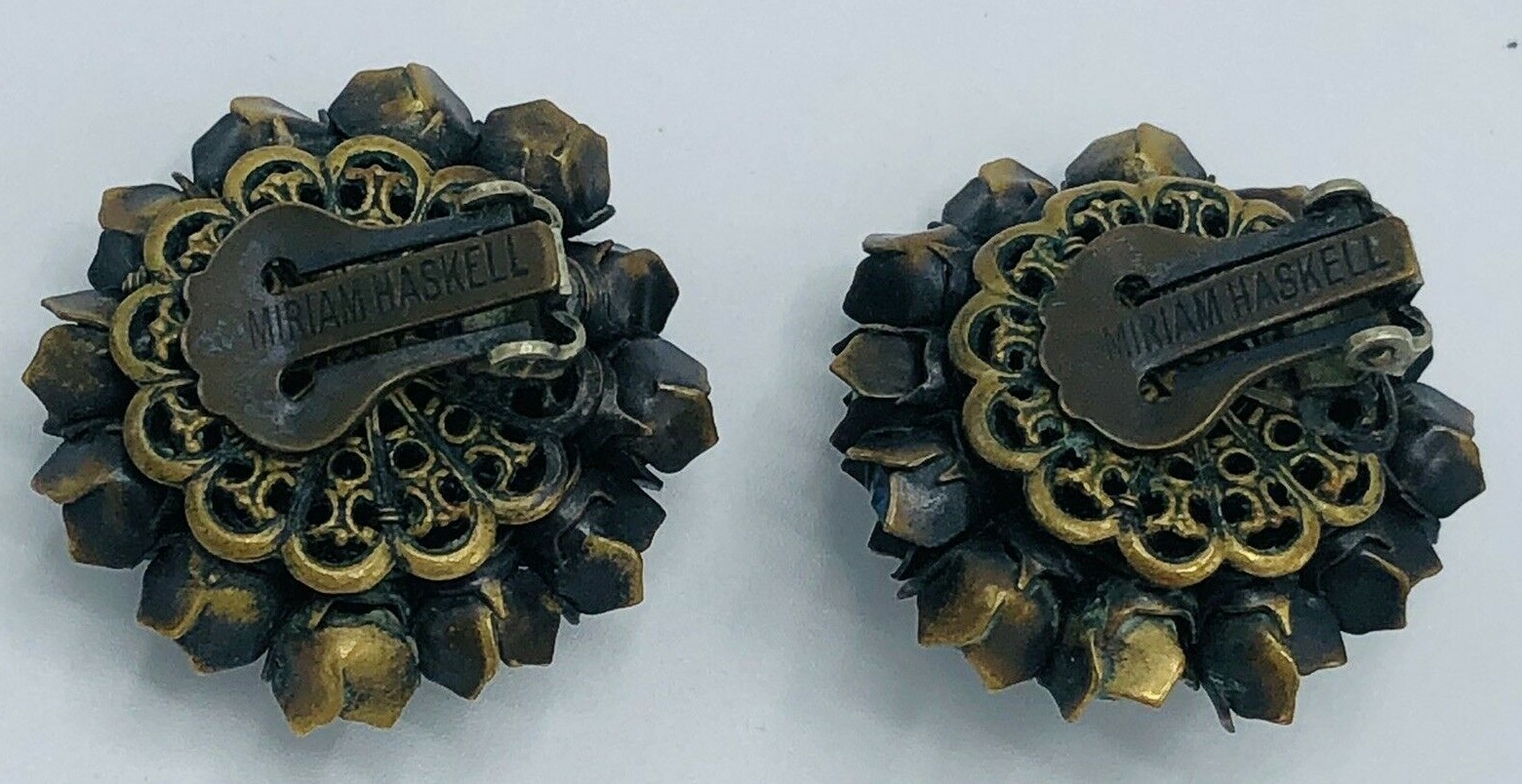 RARE MIRIAM HASKELL Signed Purple and Blue CRYSTAL FLOWER CLIP BACK EARRINGS