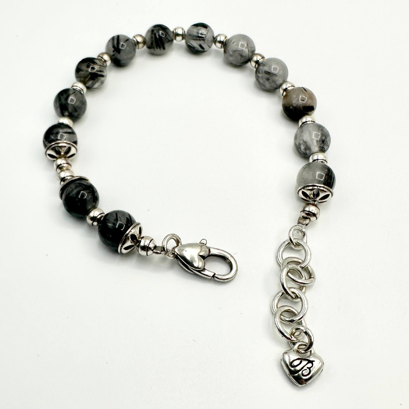 Vintage BRIGHTON Black Rutilated Quartz Beaded Bracelet Gray Marbled Silver Tone
