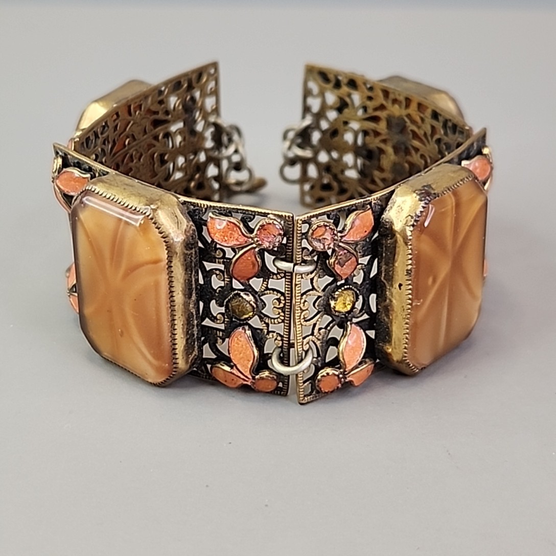 Vintage Panel Bracelet Brown Faux Star Sapphire Peach Enamel Fall Autumn 7.25″