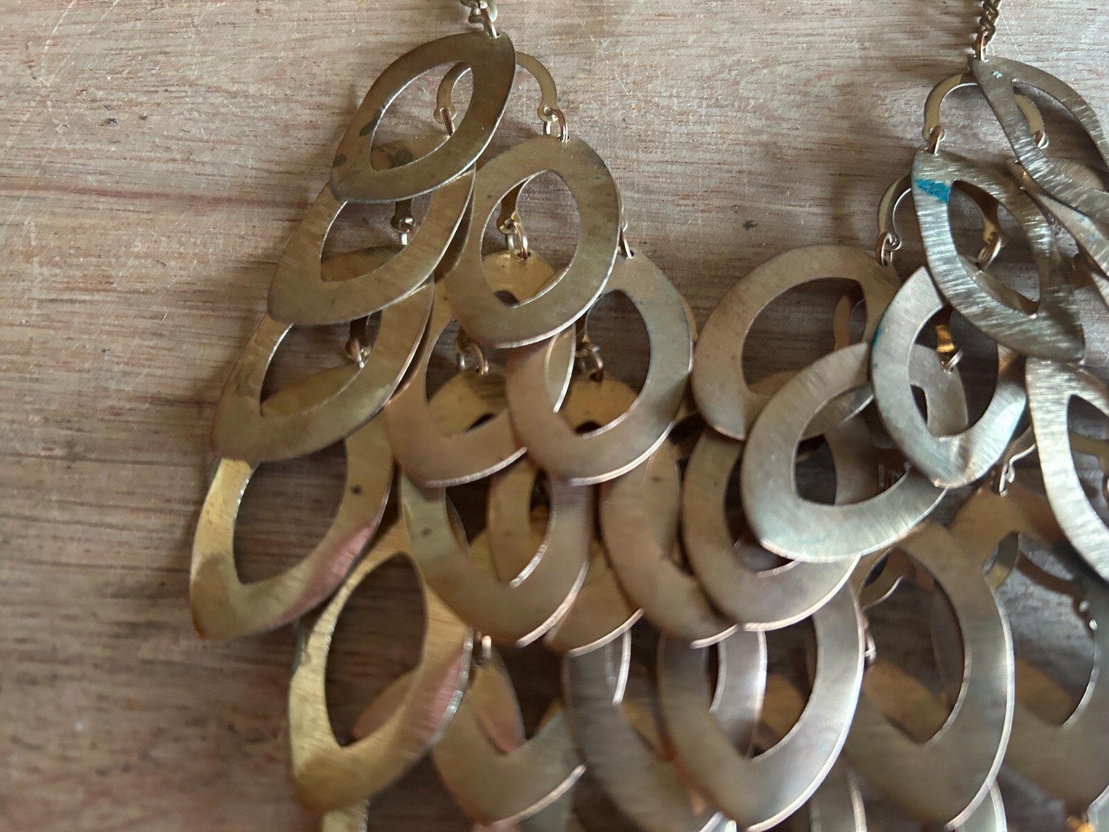 Bib Necklace Overlapping Dangling Layered Costume Teardrop Brass Tone Vintage