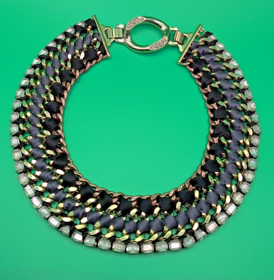 Vintage Crystal Baguette Rhinestone/Gray Ribbon Bib Necklace Collar Stella & Dot