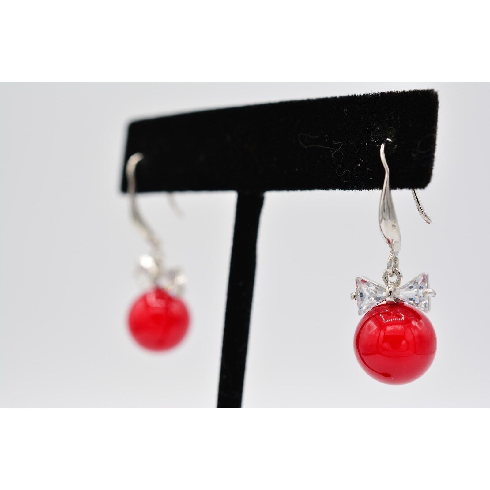 Vintage Dangle Earrings Crystal Bezel Bow Red Ball Drop Round 1990s BinAO