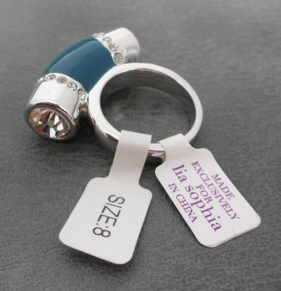 Lia Sophia Queue Cocktail Ring Women Ocean Blue Teal Enamel Bar Crystal Dinner 8