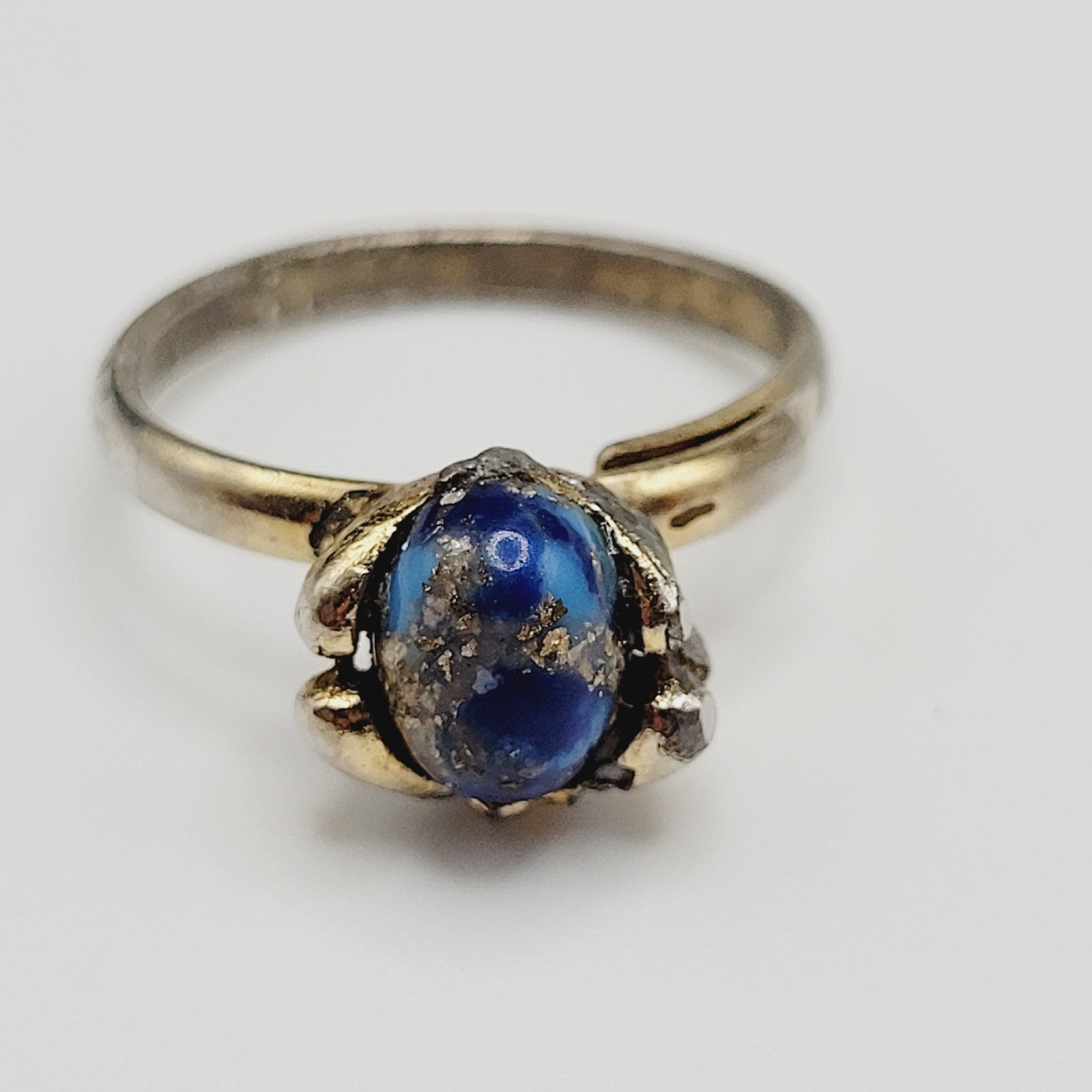 Antique Lapis Lazuli Small Domed Stone w Specks Ring Adjustable Worn Distressed