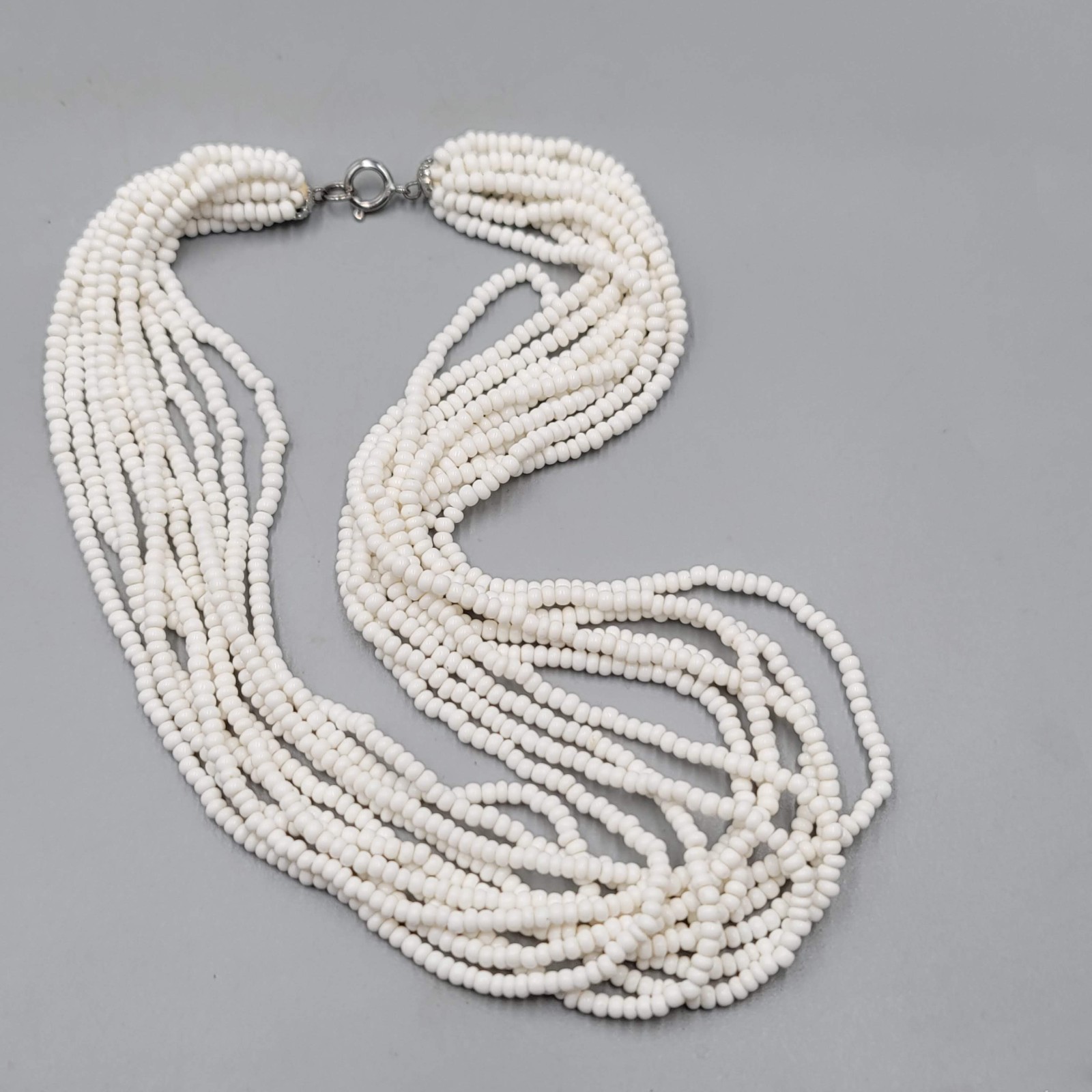 Vintage 10 Strand White Seed Bead Necklace Layered Statement 16 in