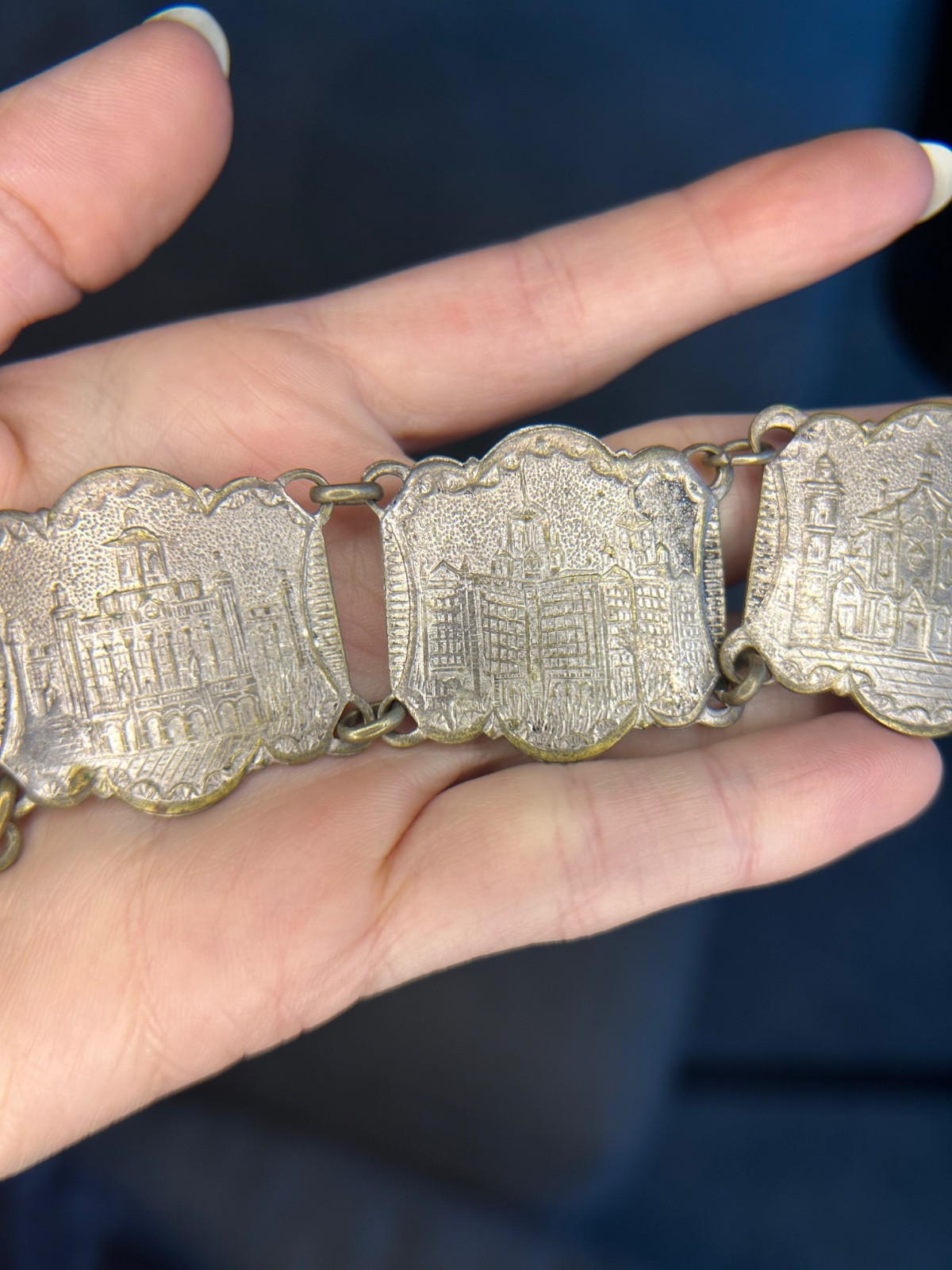 Antique European Cityscape Panel Bracelet 1930s Silver Plate Souvenir Scenic 9″