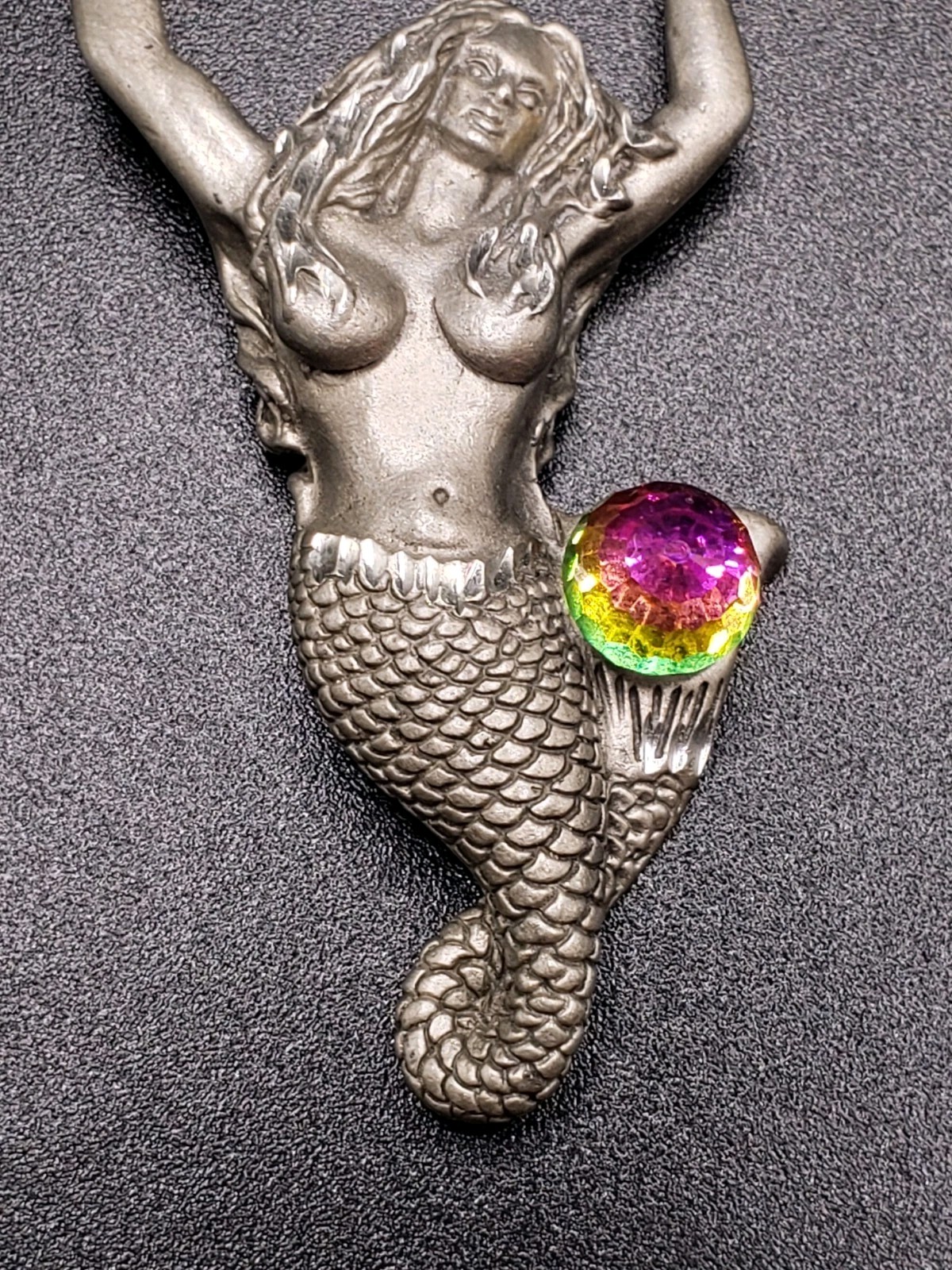 Rare Vintage Fable Mermaid Necklace Fantasy Pewter Tone Pendant AB Rhinestone