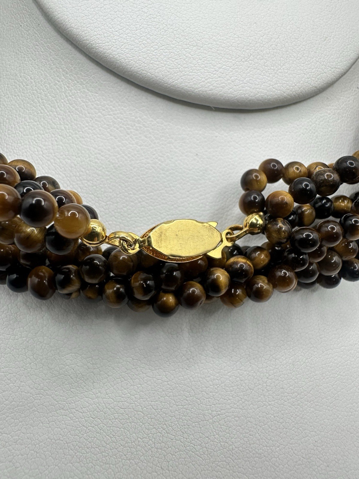 VTG 29In 4 Strand Tigers Eye Bead Necklace Caviar Gold Tone Fish Hook Clasp Read