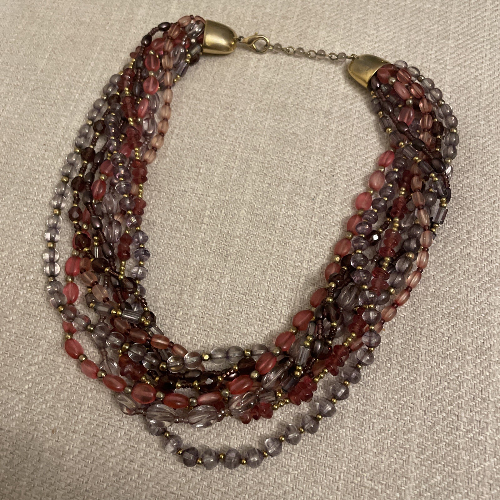 Vintage boho Multi Strand Beaded purple Pink Red Glass Gold Tone Necklace