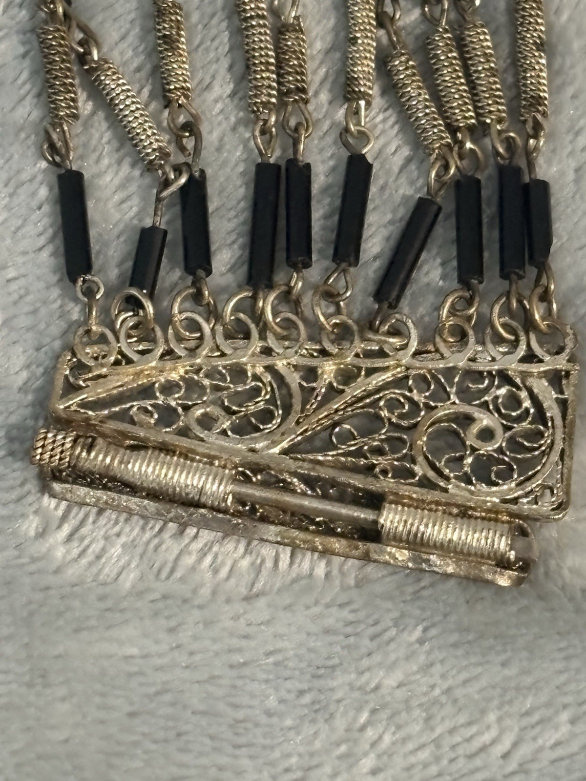 Vintage Multi Strand Wire Wrap Bracelet Filigree Black Tube Bead Metalwork 6.4”