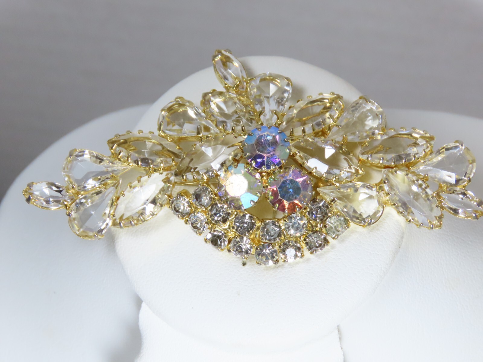 AB Rhinestone Brooch Pin VTG Clear Crystal Cluster Spray Prong Stunning D1580