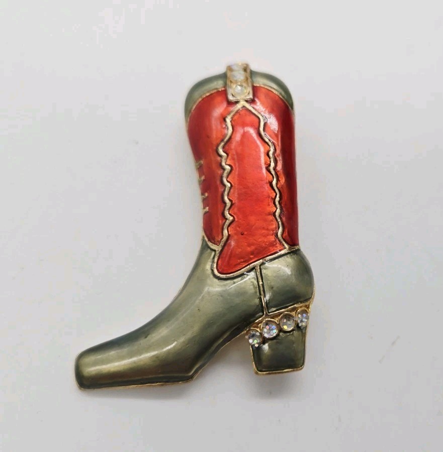 Western Boot Brooch Cowgirl Cowboy Rodeo Pin Enamel Red Grey Gold Tone 1.75 in