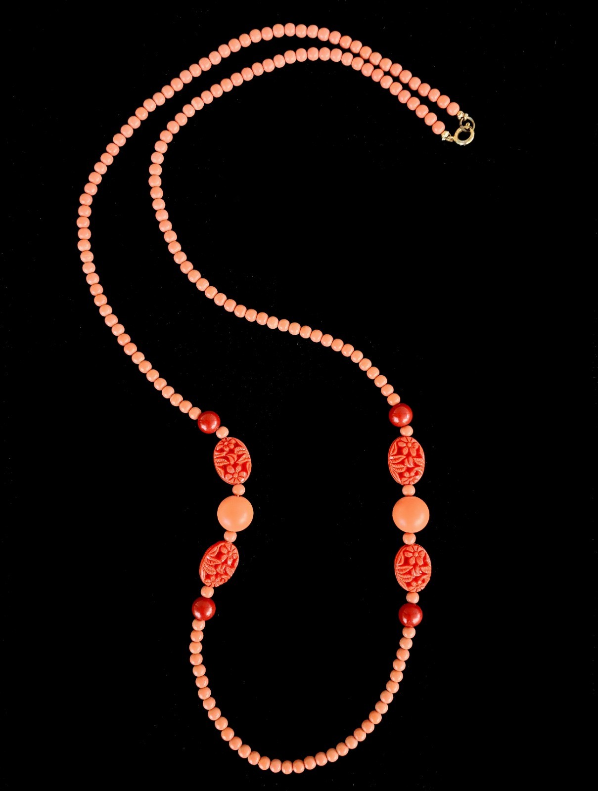 Vintage 30″ Faux Coral Necklace Pink Peach Salmon Color—Art Deco Nouveau MCM