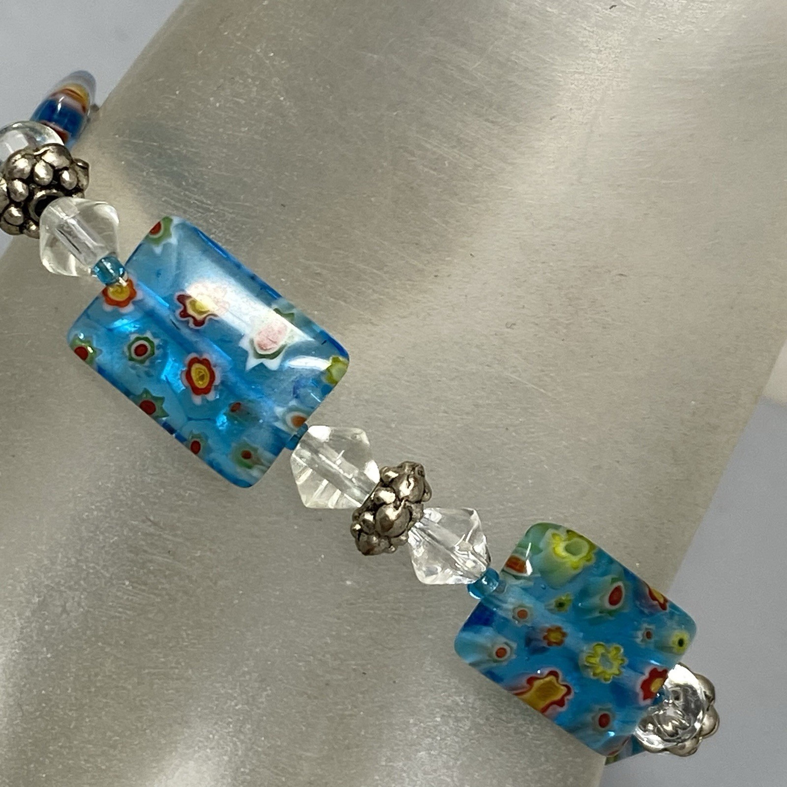 Millefiori Glass Bead Bracelet Blue Multicolor Flowers Clear Bicone Crystals 7.5