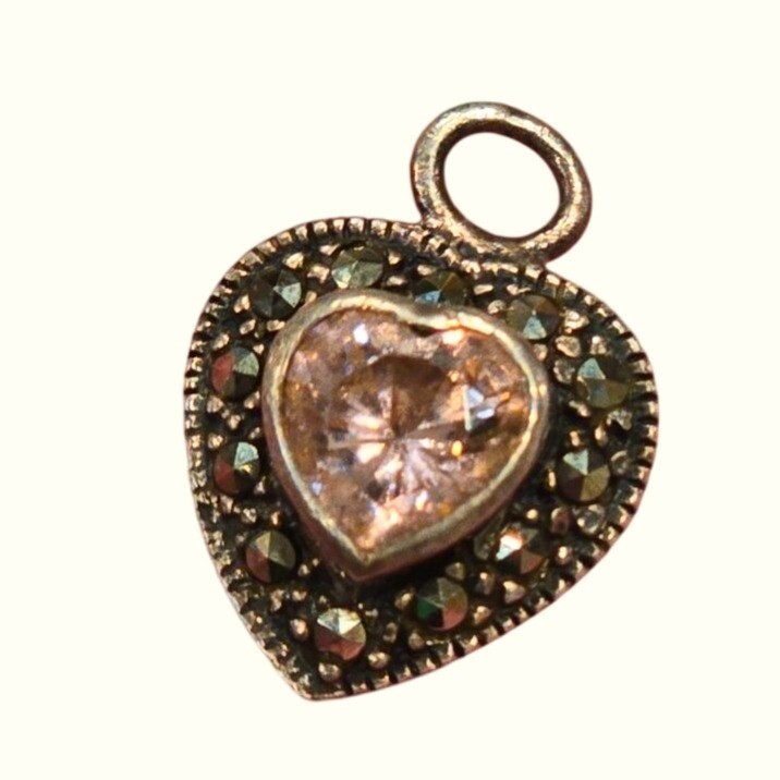 Vintage marcasite Heart Sterling Silver Pendant pink glass Gemstone 925 Jewelry