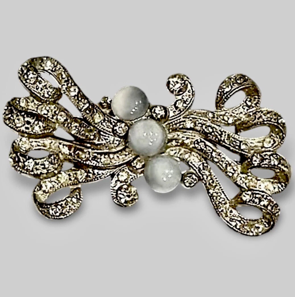 Vtg BLUE GREY STONES & RIBBON Brooch Pin Rhinestones Silver Tone 12g EUC