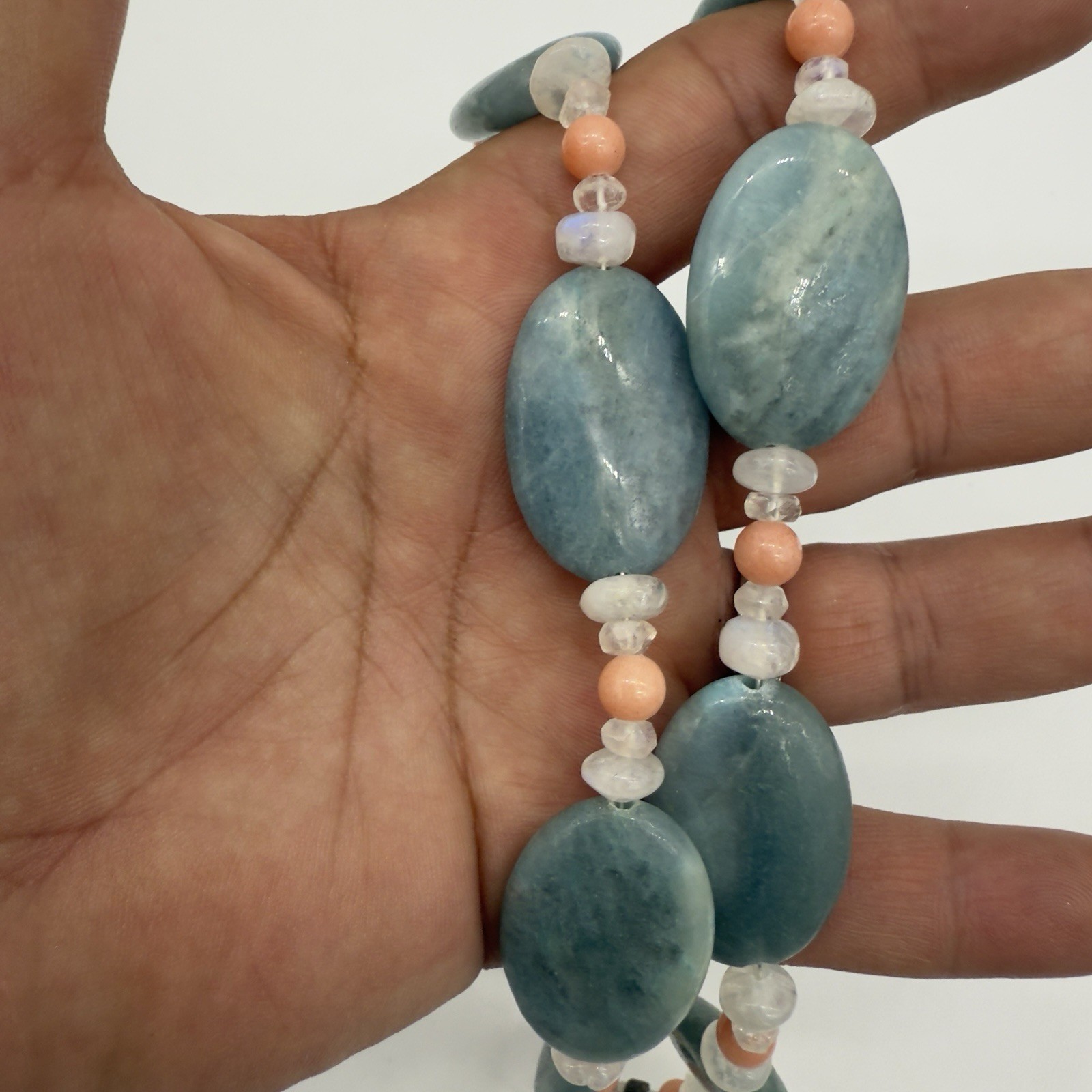 Vtg Sterling Carved Rock Crystal Necklace Angel Skin Coral Moonstone WOW