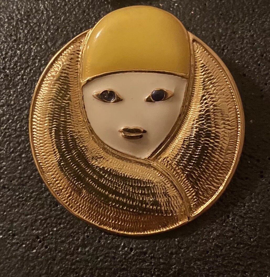 Vtg Signed Orena PARIS Retro Enameled Art Deco French Woman Gold Tone Brooch Pin