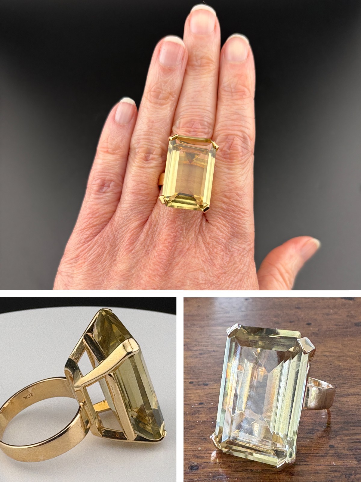 Vintage 18k Gold Large Emerald Cut Quartz Cocktail Ring 13.77g Statement Ring