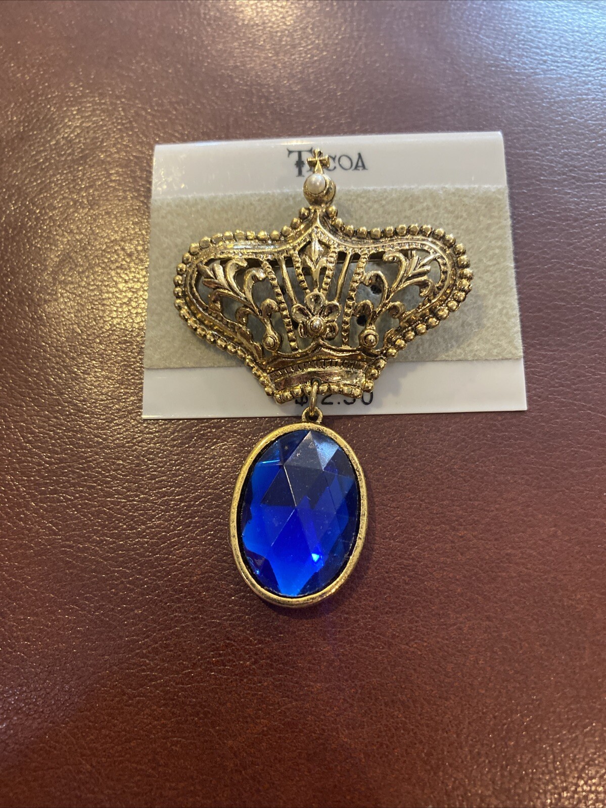 Vintage Gold Tone Tacoa Blue Stone, Imitation Pearl Brooch Pin Crown