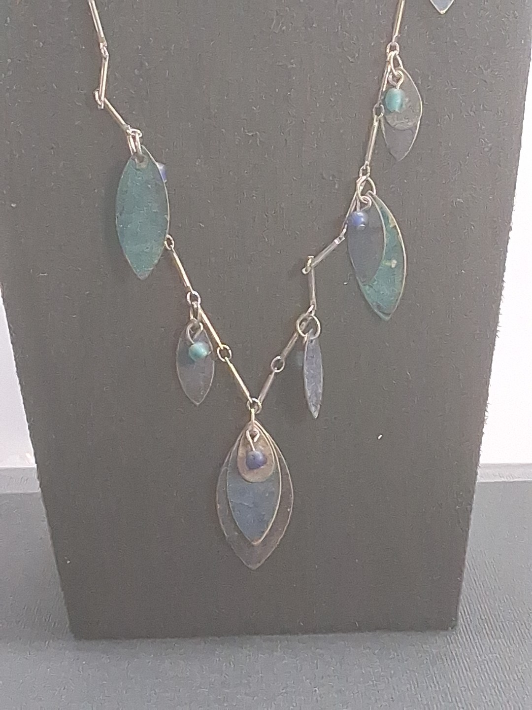 Vintage Niobium Teal & Blue Leaf Charm Station Necklace Bohemian Modernist…